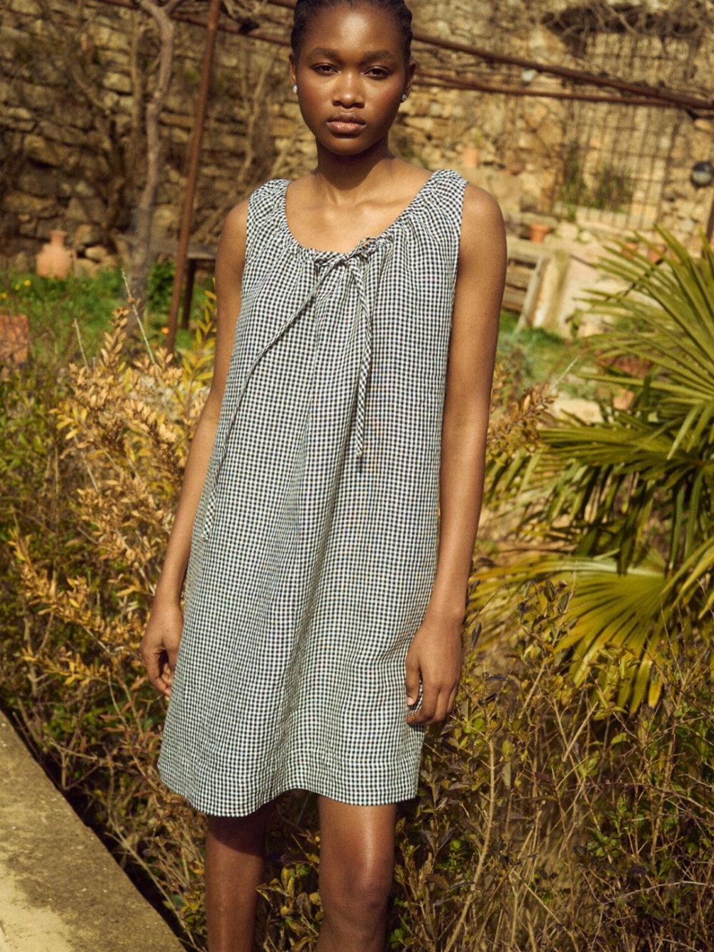 Linenfox Tom Handmade 100% Linen Black Gingham Mini Dress w Drawstring Neck, S-M